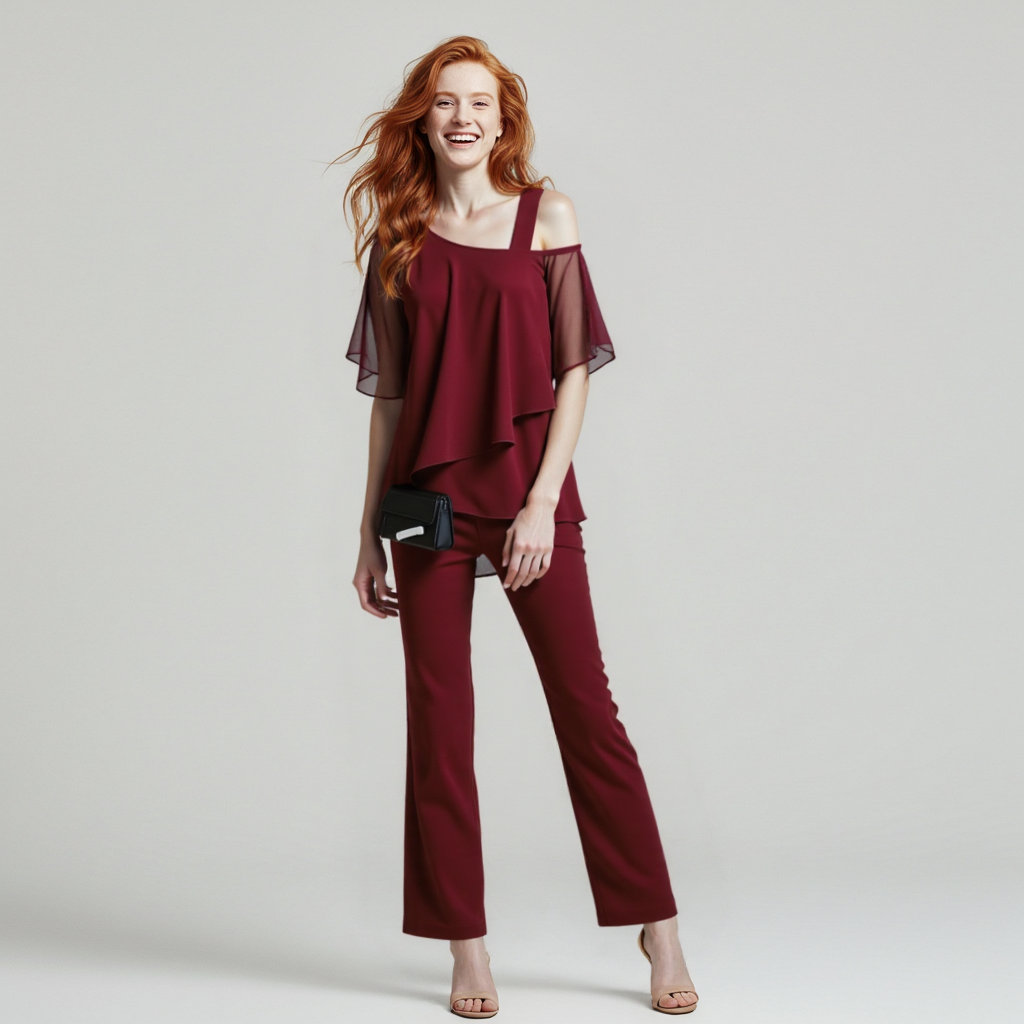 Elegant Two-Piece Jumpsuit Set with Cold Shoulder Design - Soft, Breathable Fabric 4