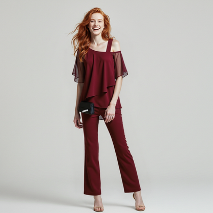 Elegant Two-Piece Jumpsuit Set with Cold Shoulder Design - Soft, Breathable Fabric 4
