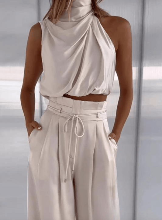 Elegant Two Piece Set - Halter Crop Top & High Waist Wide Leg Pants, Chic Matching Set 1