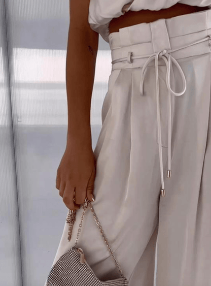 Elegant Two Piece Set - Halter Crop Top & High Waist Wide Leg Pants, Chic Matching Set 2