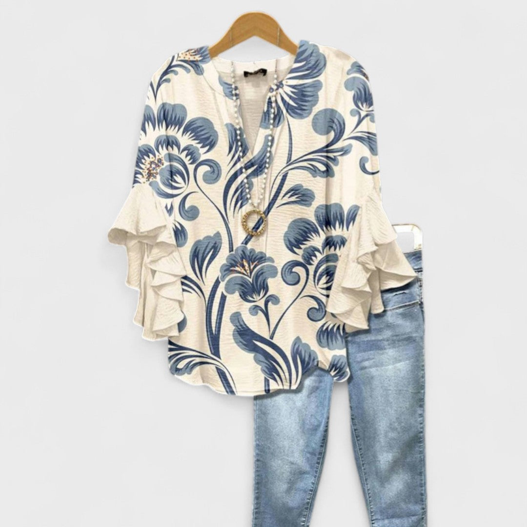 Elegant V-Neck Blouse with Layered Ruffle Sleeves and Patterned Design 0