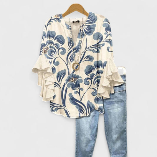 Elegant V-Neck Blouse with Layered Ruffle Sleeves and Patterned Design 0