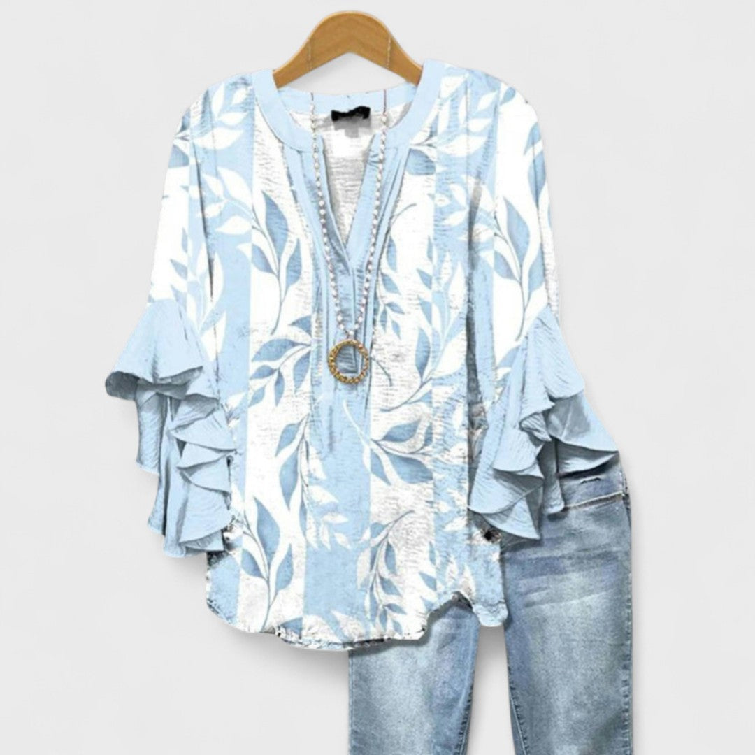Elegant V-Neck Blouse with Layered Ruffle Sleeves and Patterned Design 1