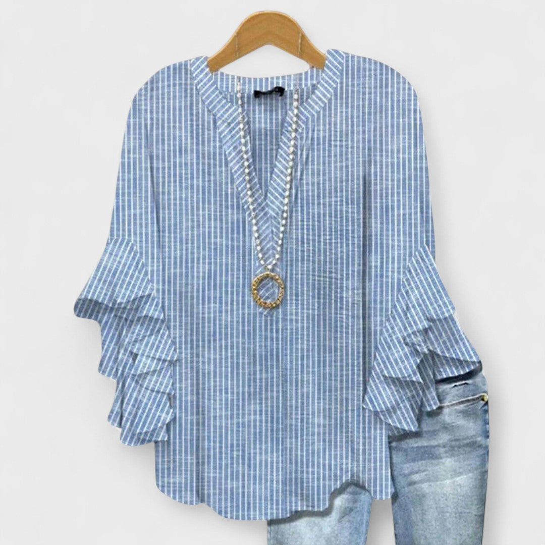 Elegant V-Neck Blouse with Layered Ruffle Sleeves and Patterned Design 2