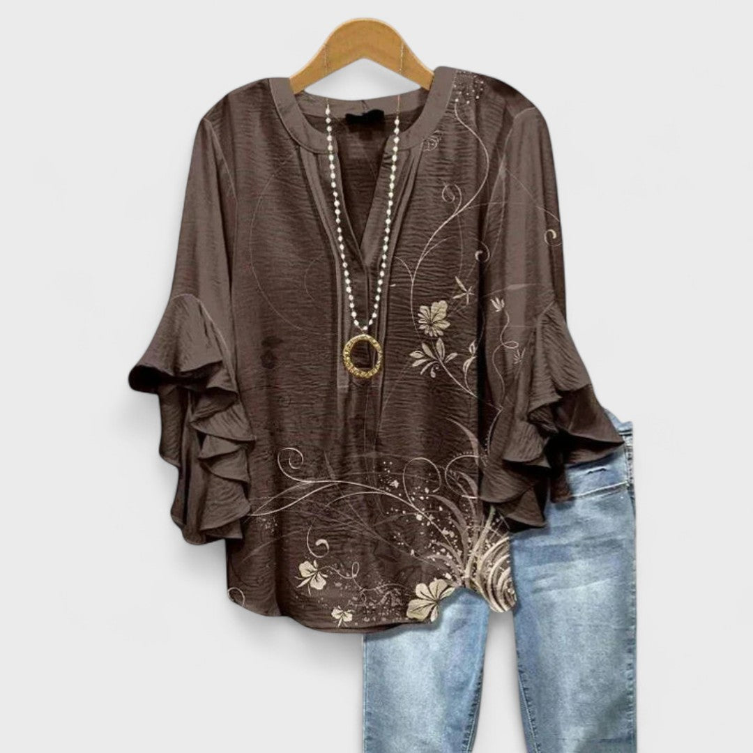 Elegant V-Neck Blouse with Layered Ruffle Sleeves and Patterned Design 3
