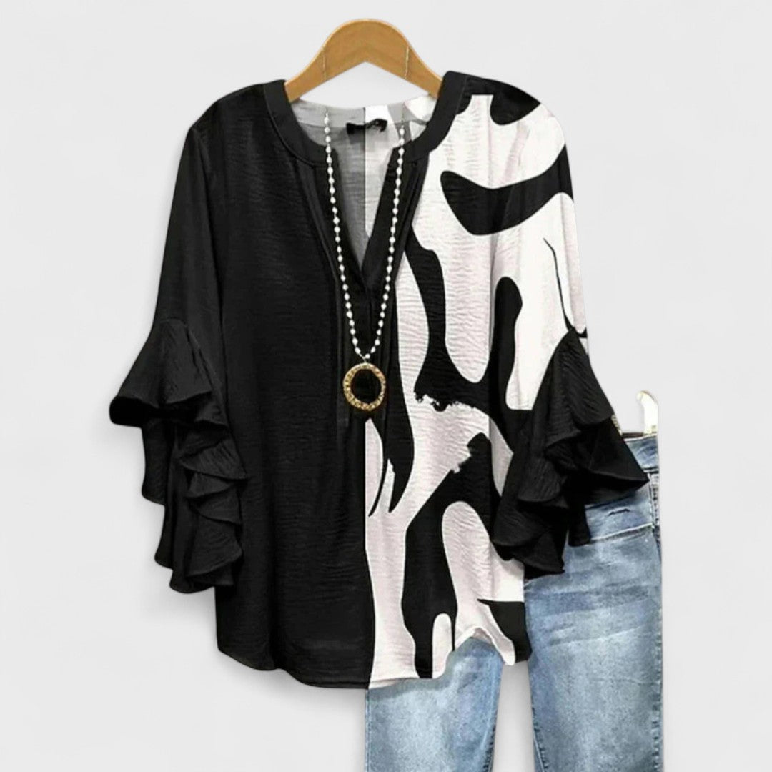 Elegant V-Neck Blouse with Layered Ruffle Sleeves and Patterned Design 4