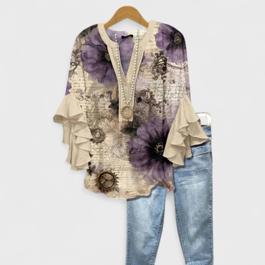 Elegant V-Neck Blouse with Layered Ruffle Sleeves and Patterned Design 5