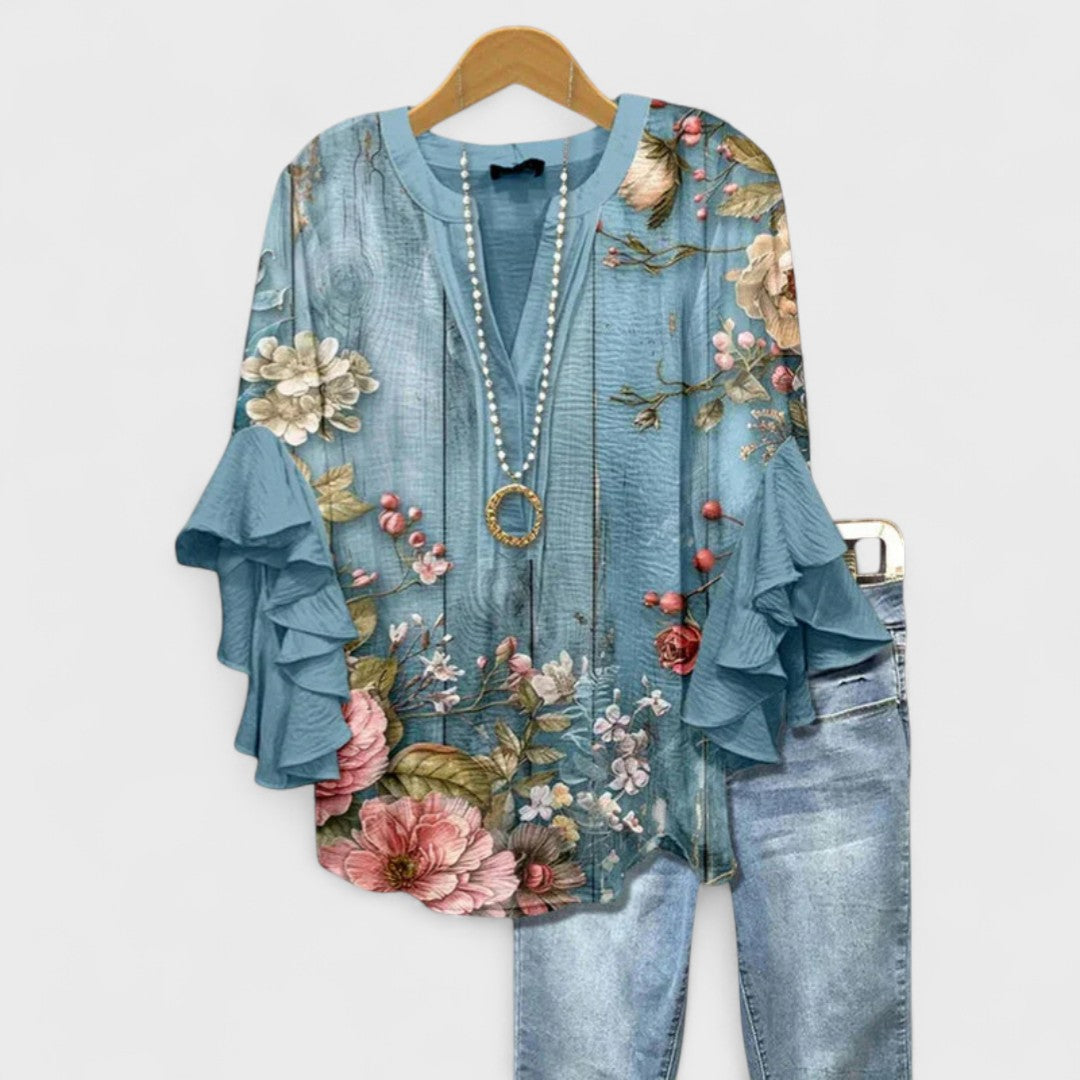 Elegant V-Neck Blouse with Layered Ruffle Sleeves and Patterned Design 6