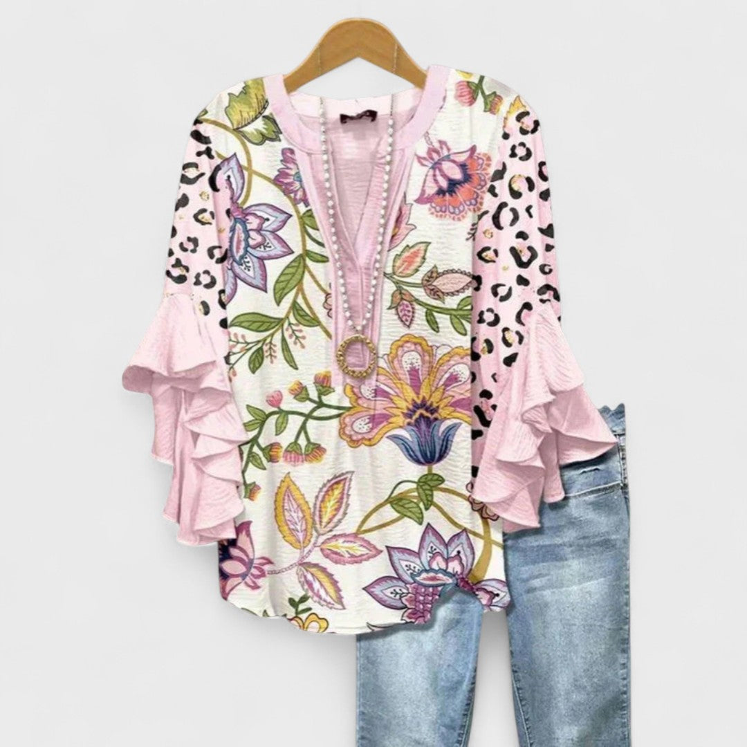 Elegant V-Neck Blouse with Layered Ruffle Sleeves and Patterned Design 8