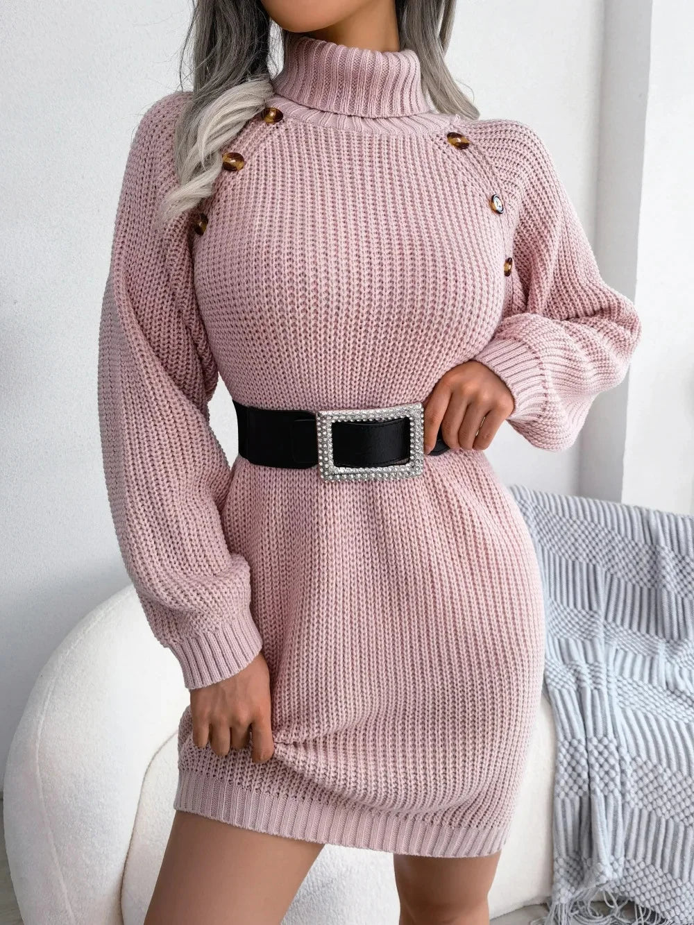 Elysian Knit Dress - Soft Acrylic A-Line Dress with Turtle Neck and Long Sleeves 1