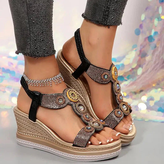 Embellished Platform Wedge Sandals with Rhinestone Accents, Open Toe Design 0