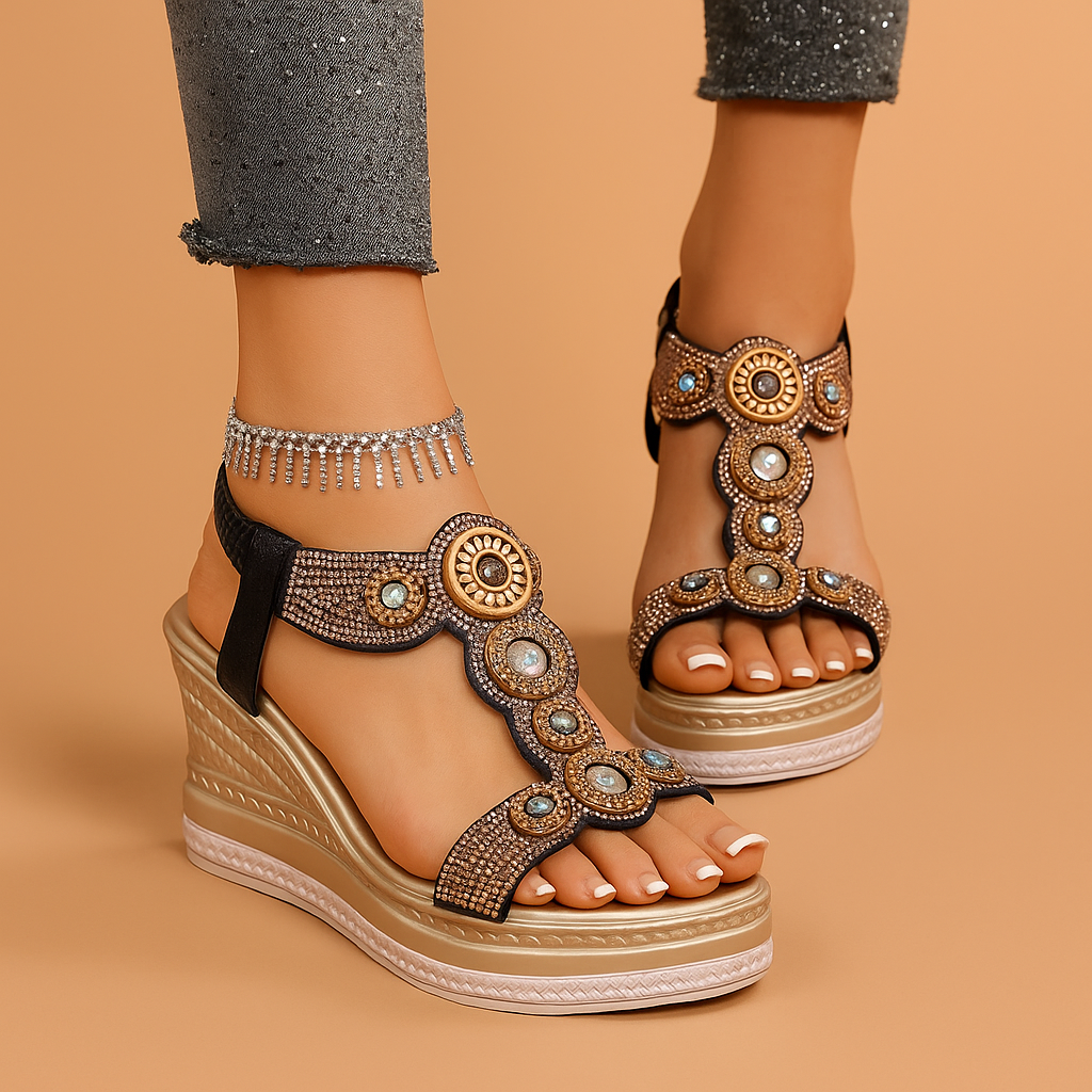 Embellished Platform Wedge Sandals with Rhinestone Accents, Open Toe Design 1
