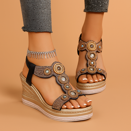 Embellished Platform Wedge Sandals with Rhinestone Accents, Open Toe Design 1