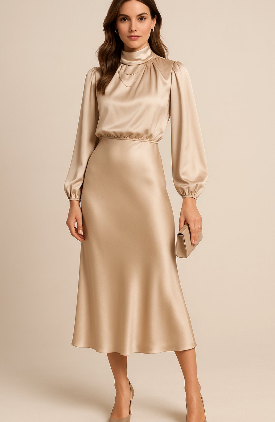 Evelyn Satin Midi Dress - High Waist, Mock Neck - Elegant Wedding Guest & Cocktail Dress 0
