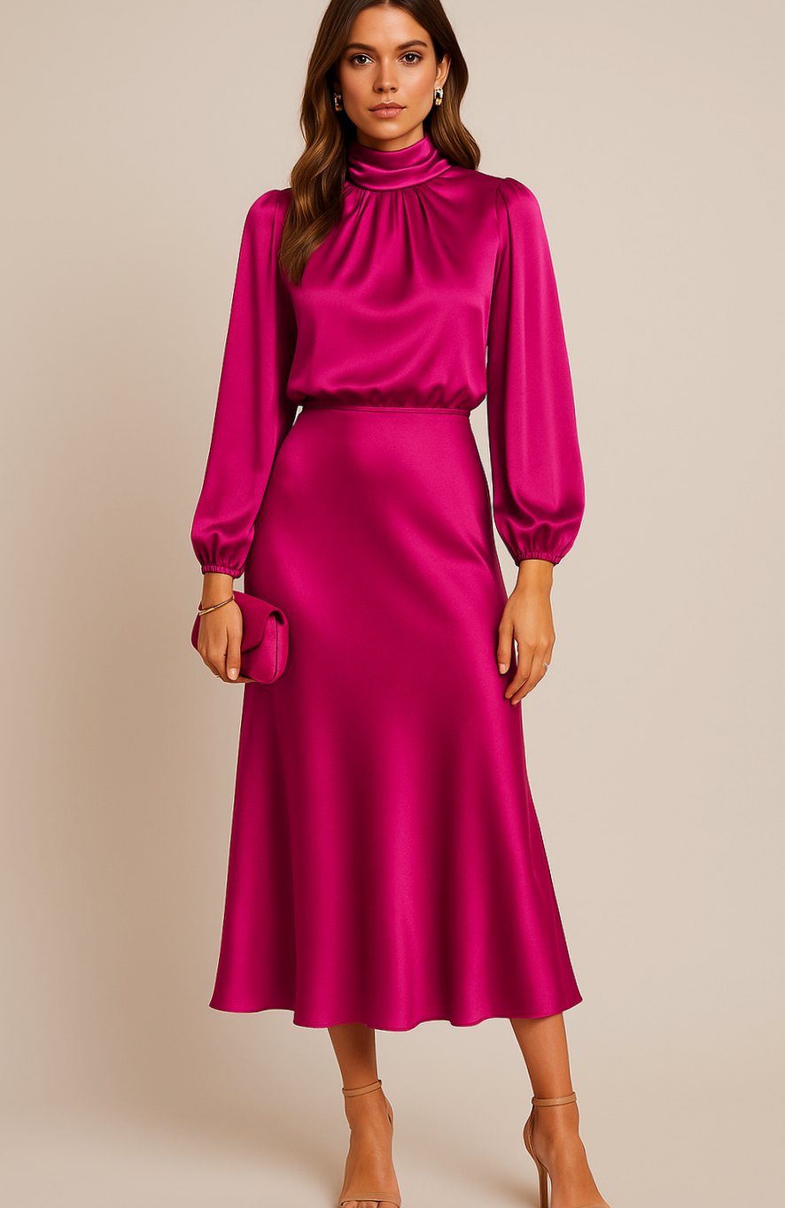 Evelyn Satin Midi Dress - High Waist, Mock Neck - Elegant Wedding Guest & Cocktail Dress 10
