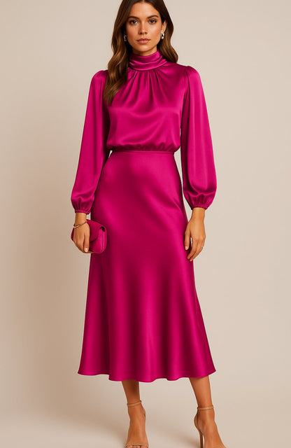 Evelyn Satin Midi Dress - High Waist, Mock Neck - Elegant Wedding Guest & Cocktail Dress 10