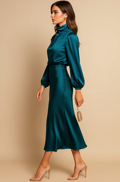 Evelyn Satin Midi Dress - High Waist, Mock Neck - Elegant Wedding Guest & Cocktail Dress 11