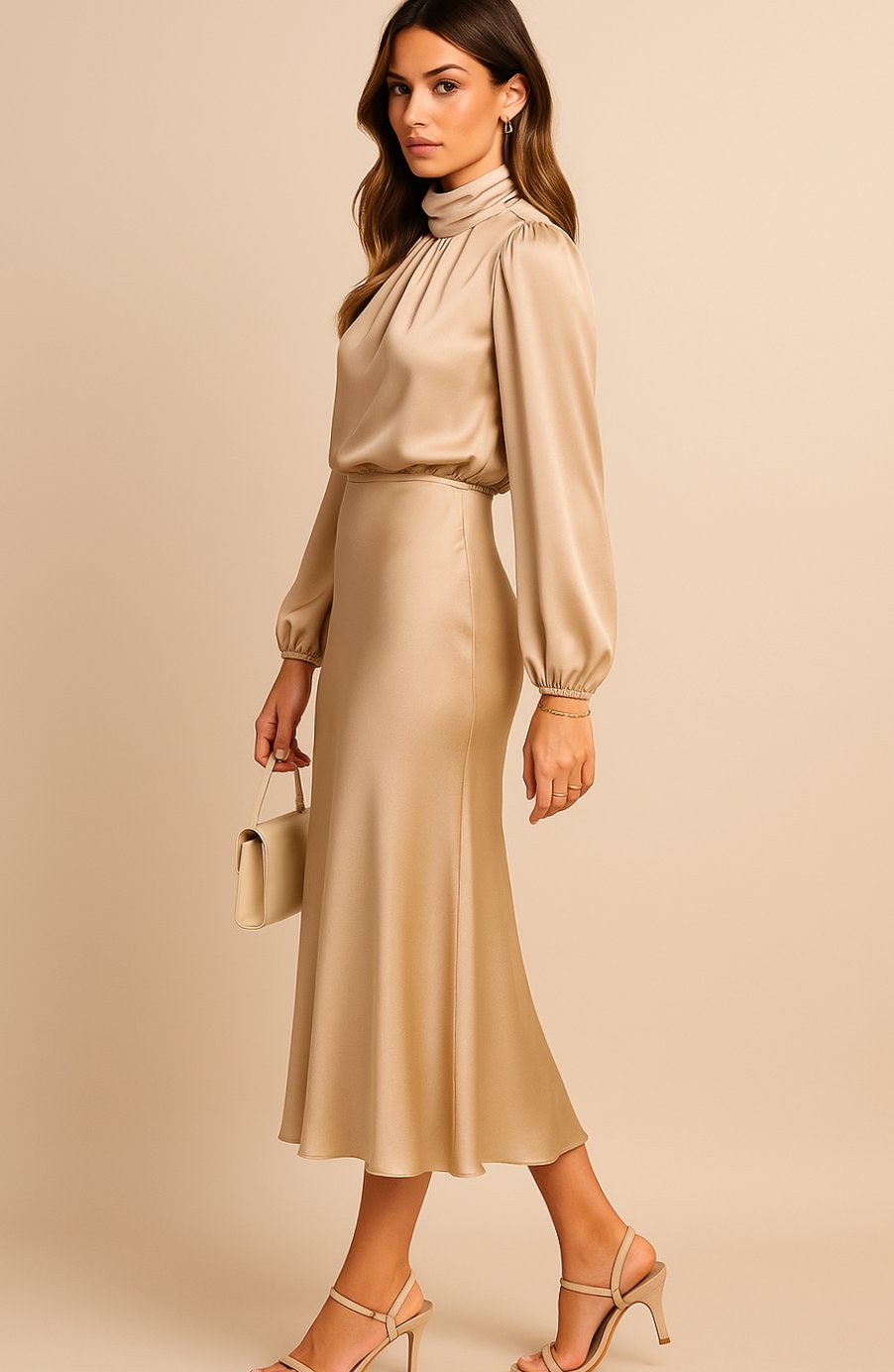 Evelyn Satin Midi Dress - High Waist, Mock Neck - Elegant Wedding Guest & Cocktail Dress 2