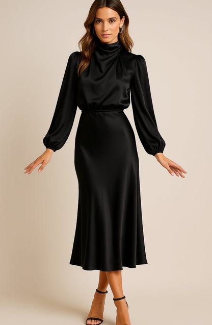 Evelyn Satin Midi Dress - High Waist, Mock Neck - Elegant Wedding Guest & Cocktail Dress 3