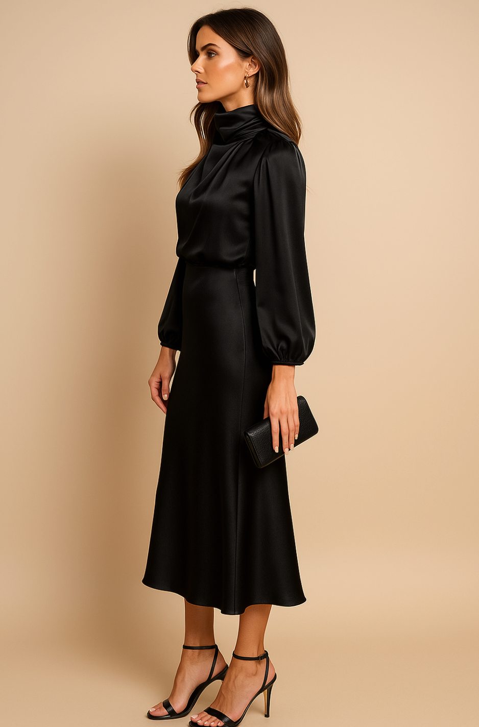 Evelyn Satin Midi Dress - High Waist, Mock Neck - Elegant Wedding Guest & Cocktail Dress 4