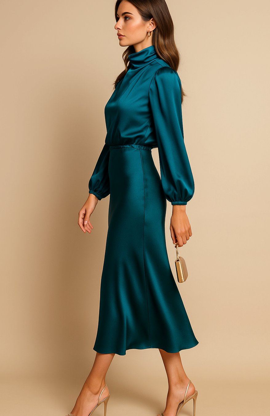 Evelyn Satin Midi Dress - High Waist, Mock Neck - Elegant Wedding Guest & Cocktail Dress 5