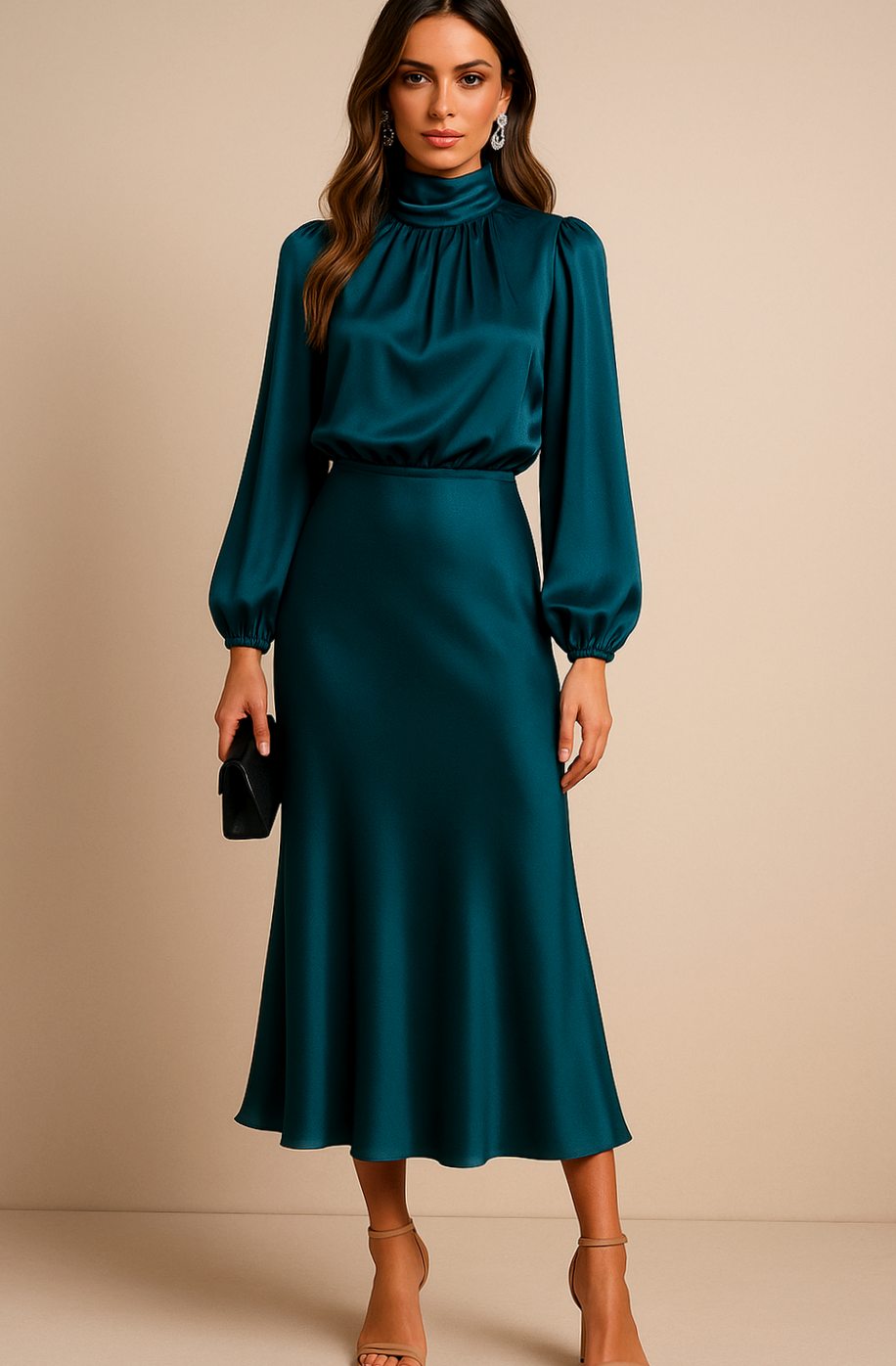 Evelyn Satin Midi Dress - High Waist, Mock Neck - Elegant Wedding Guest & Cocktail Dress 6