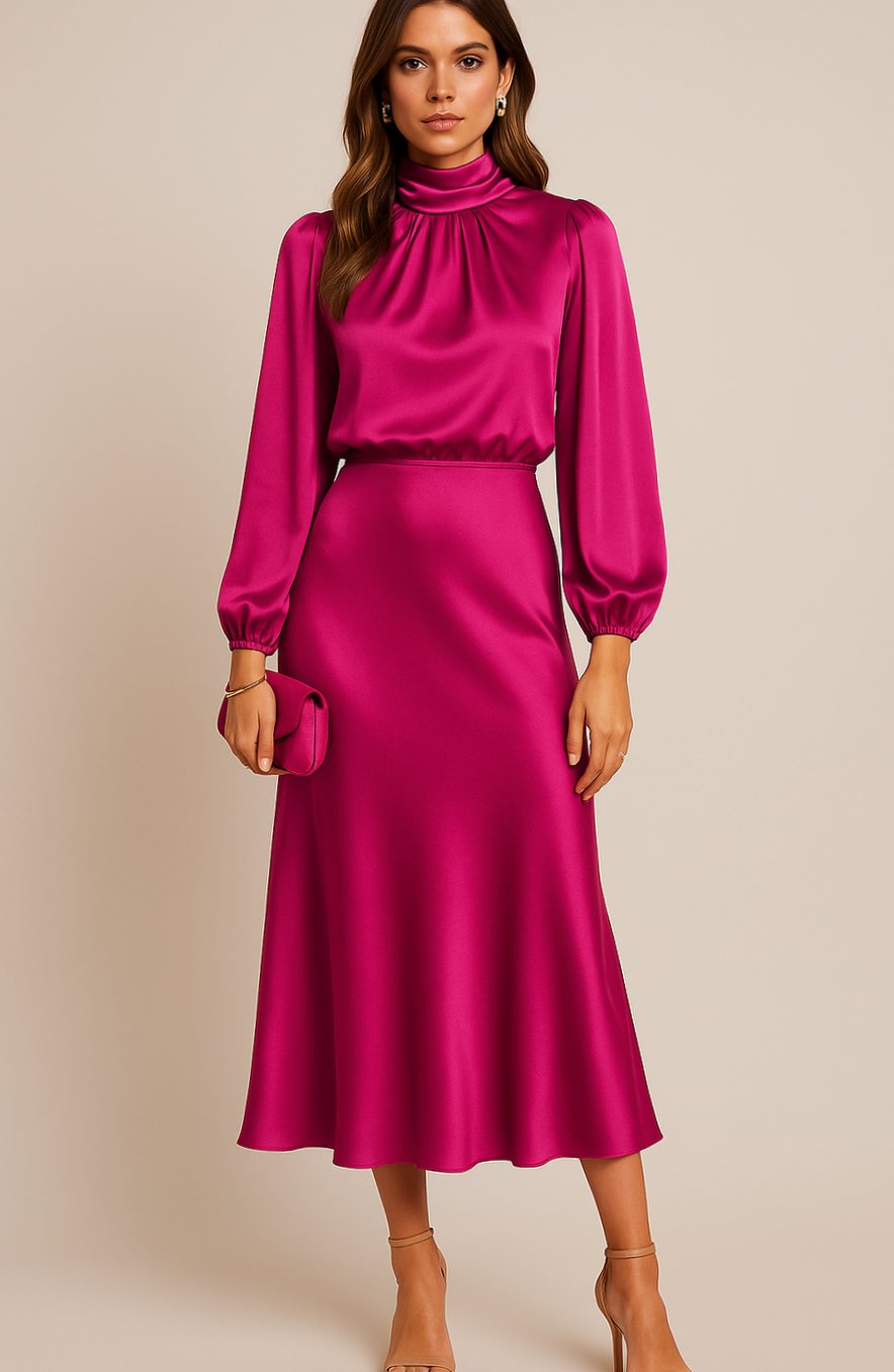 Evelyn Satin Midi Dress - High Waist, Mock Neck - Elegant Wedding Guest & Cocktail Dress 7
