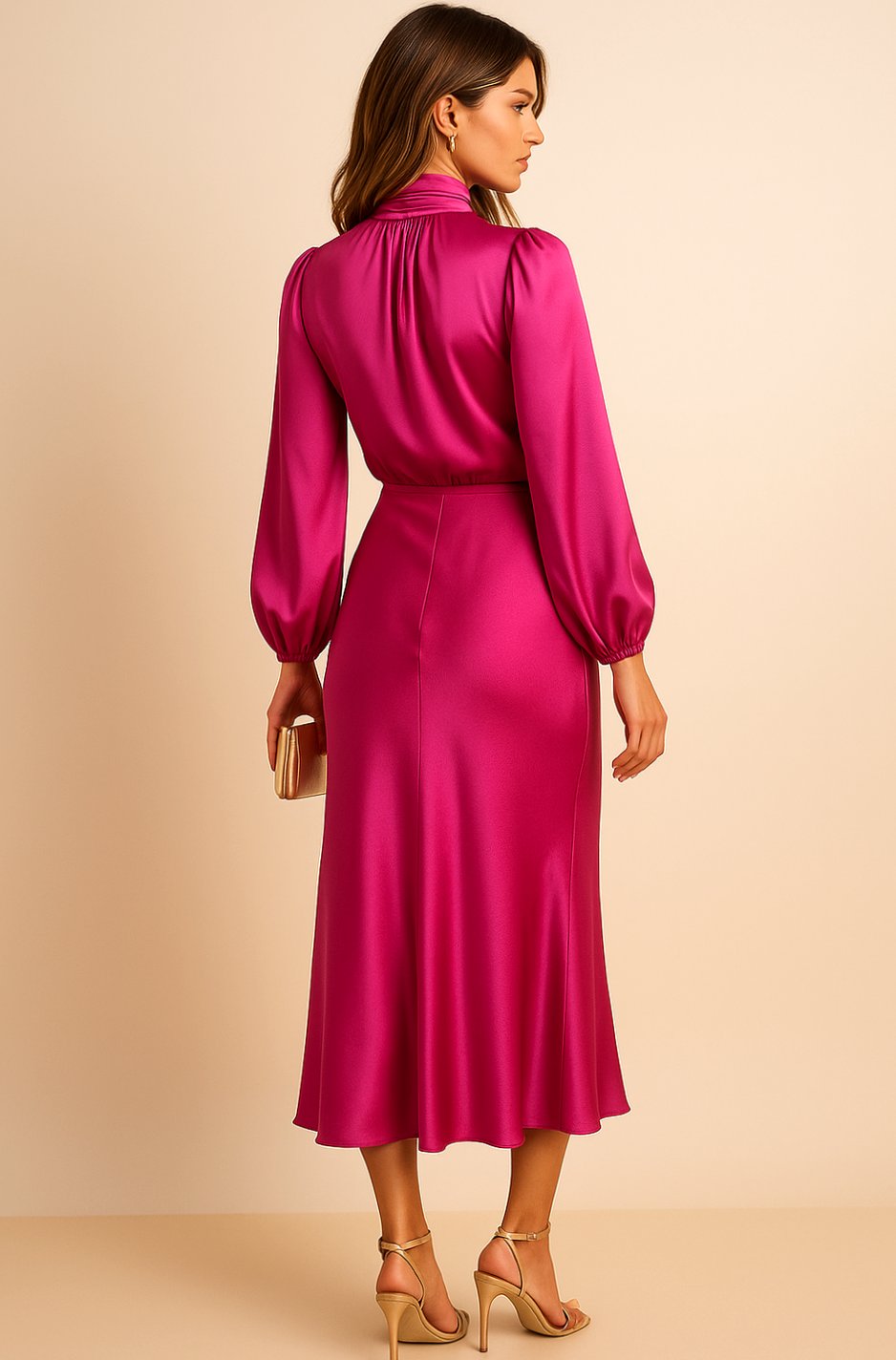 Evelyn Satin Midi Dress - High Waist, Mock Neck - Elegant Wedding Guest & Cocktail Dress 8