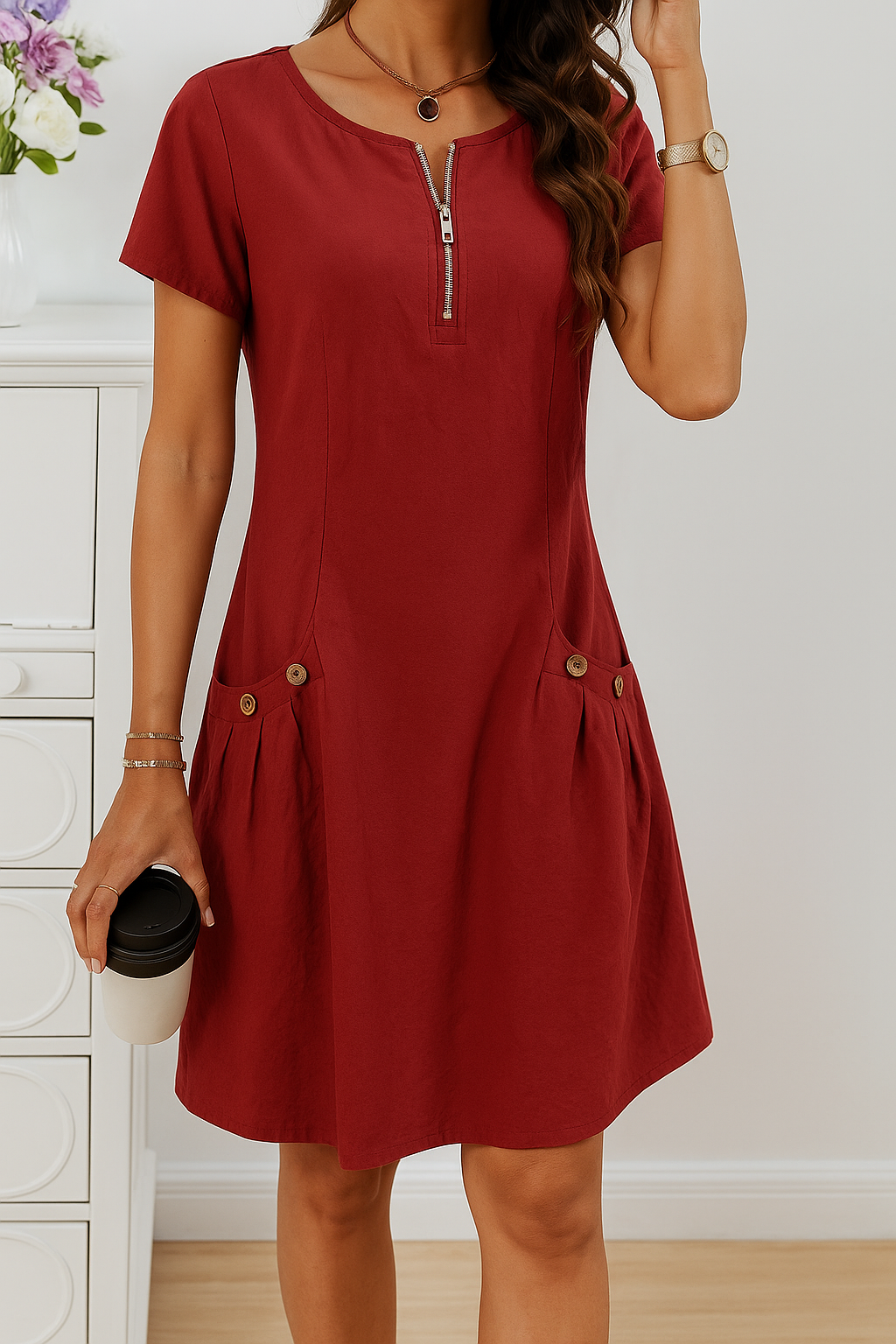 EverydayEase - Zip Front Casual Midi Dress with Button Pockets for Summer 4