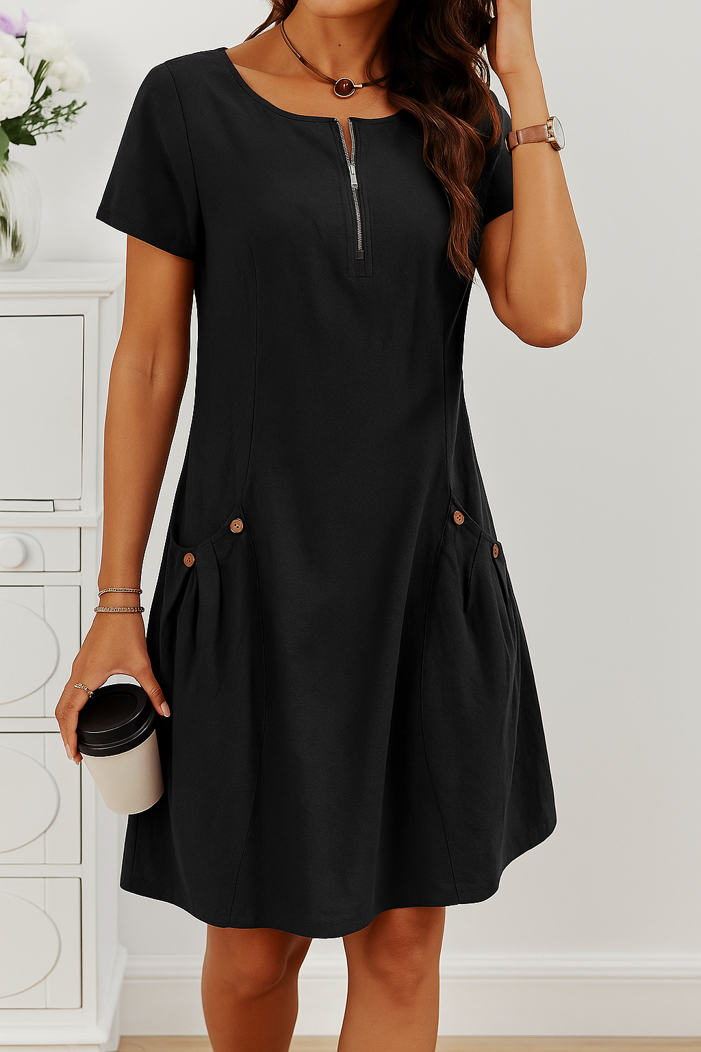 EverydayEase - Zip Front Casual Midi Dress with Button Pockets for Summer 5