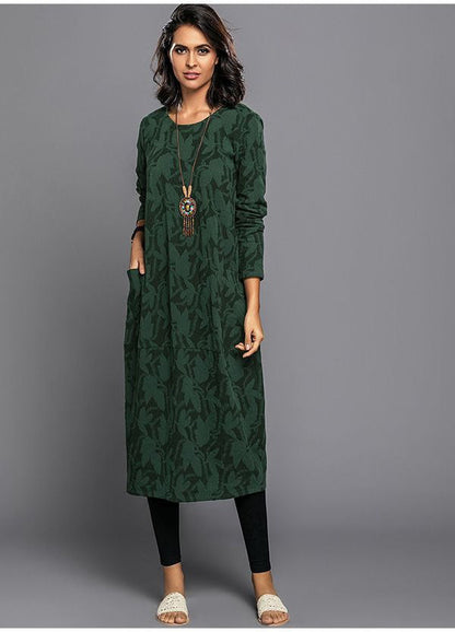 Everyday Elegance - Long Sleeve Floral Midi Dress with Pockets & Relaxed Fit 0