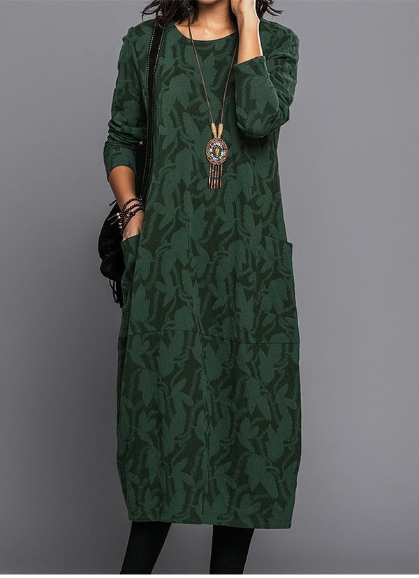 Everyday Elegance - Long Sleeve Floral Midi Dress with Pockets & Relaxed Fit 1