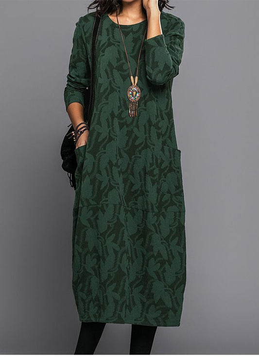 Everyday Elegance - Long Sleeve Floral Midi Dress with Pockets & Relaxed Fit 1