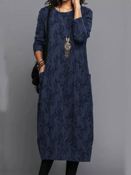 Everyday Elegance - Long Sleeve Floral Midi Dress with Pockets & Relaxed Fit 3