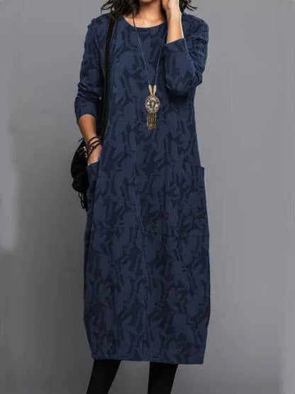 Everyday Elegance - Long Sleeve Floral Midi Dress with Pockets & Relaxed Fit 3