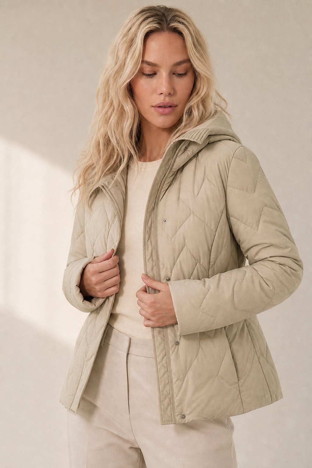 Fjorda Lightweight Down Jacket with Knit Hood and Heart-Quilt Design 1