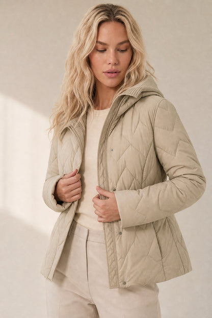 Fjorda Lightweight Down Jacket with Knit Hood and Heart-Quilt Design 1