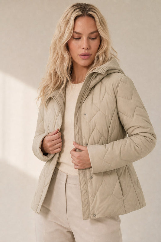 Fjorda Lightweight Down Jacket with Knit Hood and Heart-Quilt Design 1