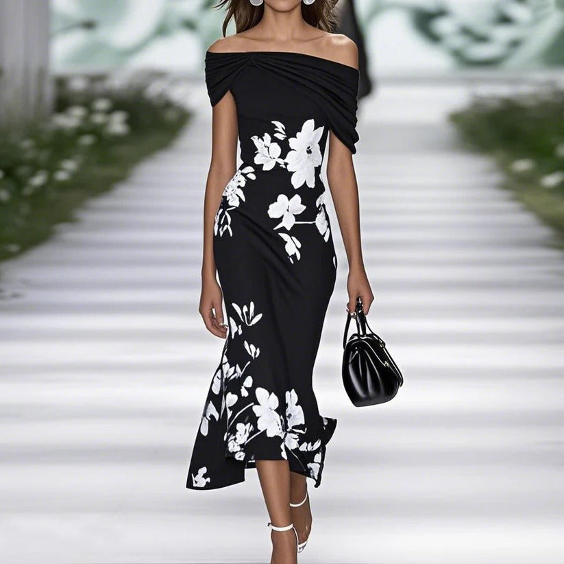 Floral Midi Dress - Off-Shoulder Neckline, Fitted Waist, Perfect for Weddings & Summer Events 0