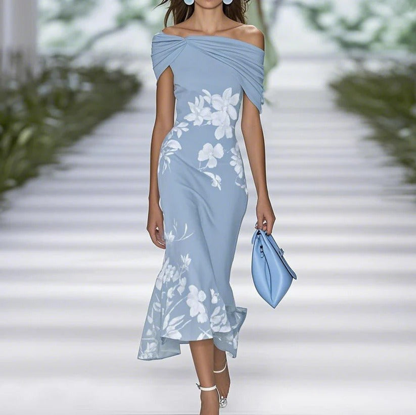 Floral Midi Dress - Off-Shoulder Neckline, Fitted Waist, Perfect for Weddings & Summer Events 1