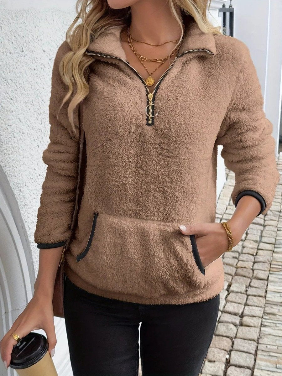 Fluffy Fleece Half-Zip Pullover Cardigan with Kangaroo Pocket for Cozy Comfort 0