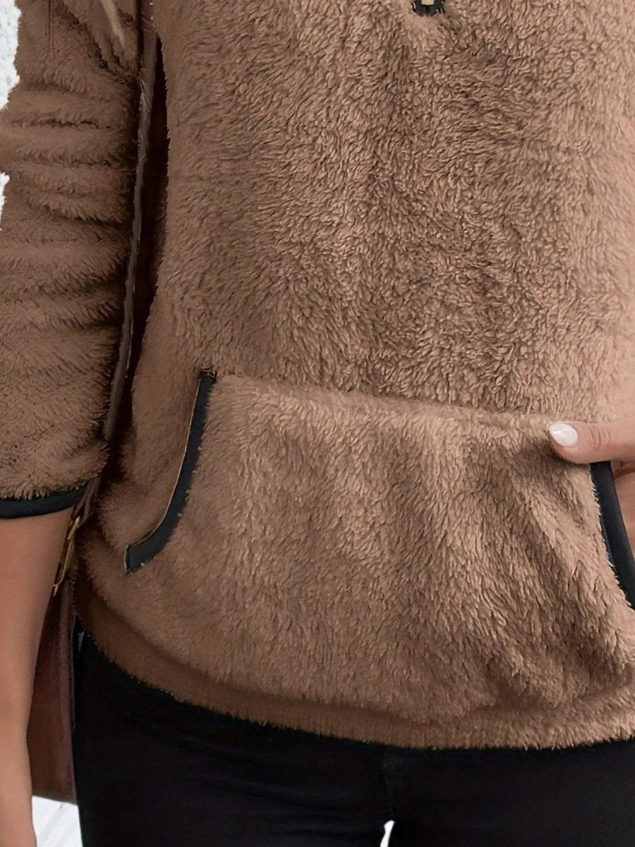 Fluffy Fleece Half-Zip Pullover Cardigan with Kangaroo Pocket for Cozy Comfort 1