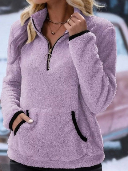 Fluffy Fleece Half-Zip Pullover Cardigan with Kangaroo Pocket for Cozy Comfort 15