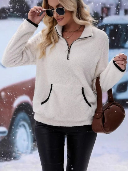 Fluffy Fleece Half-Zip Pullover Cardigan with Kangaroo Pocket for Cozy Comfort 3