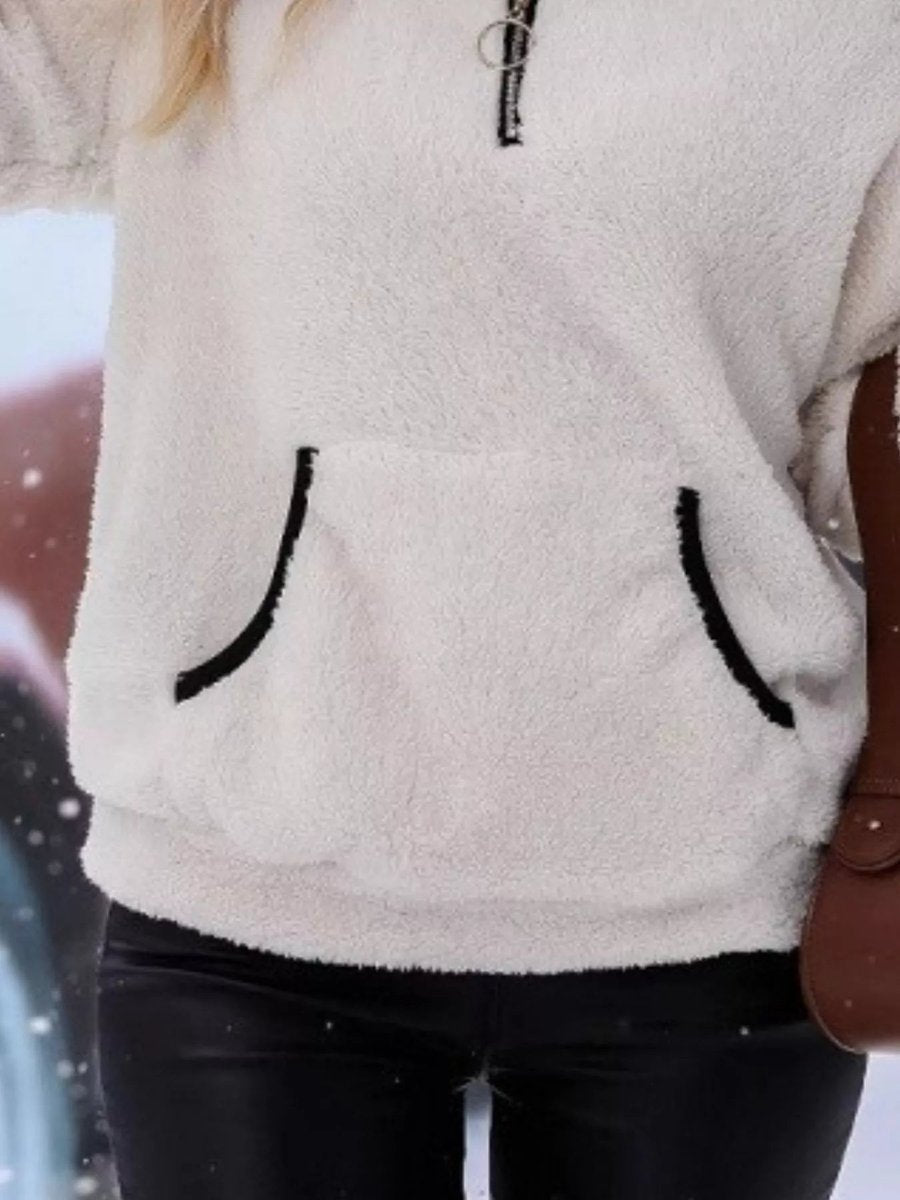 Fluffy Fleece Half-Zip Pullover Cardigan with Kangaroo Pocket for Cozy Comfort 4