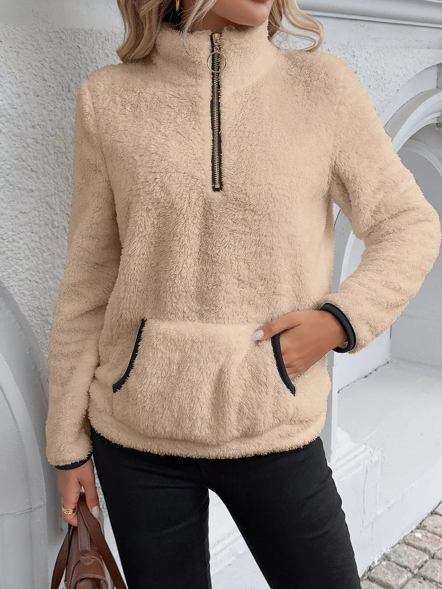 Fluffy Fleece Half-Zip Pullover Cardigan with Kangaroo Pocket for Cozy Comfort 6