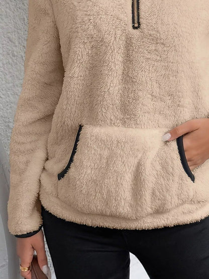 Fluffy Fleece Half-Zip Pullover Cardigan with Kangaroo Pocket for Cozy Comfort 7