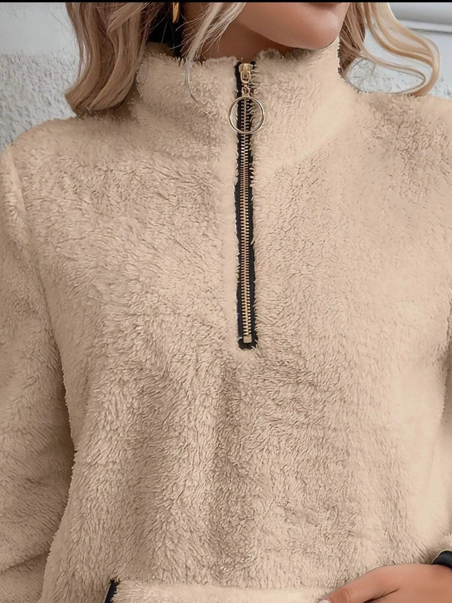 Fluffy Fleece Half-Zip Pullover Cardigan with Kangaroo Pocket for Cozy Comfort 8