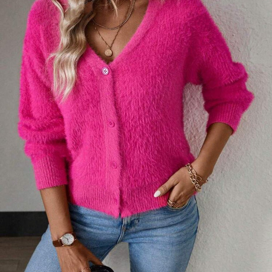 Fluffy V-Neck Knit Cardigan Sweater with Button-Front Closure - White Cardigan