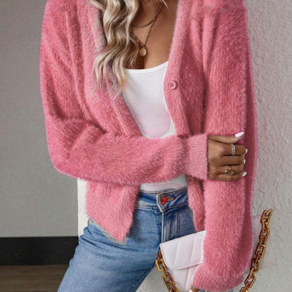 Fluffy V-Neck Knit Cardigan Sweater with Button-Front Closure - White Cardigan